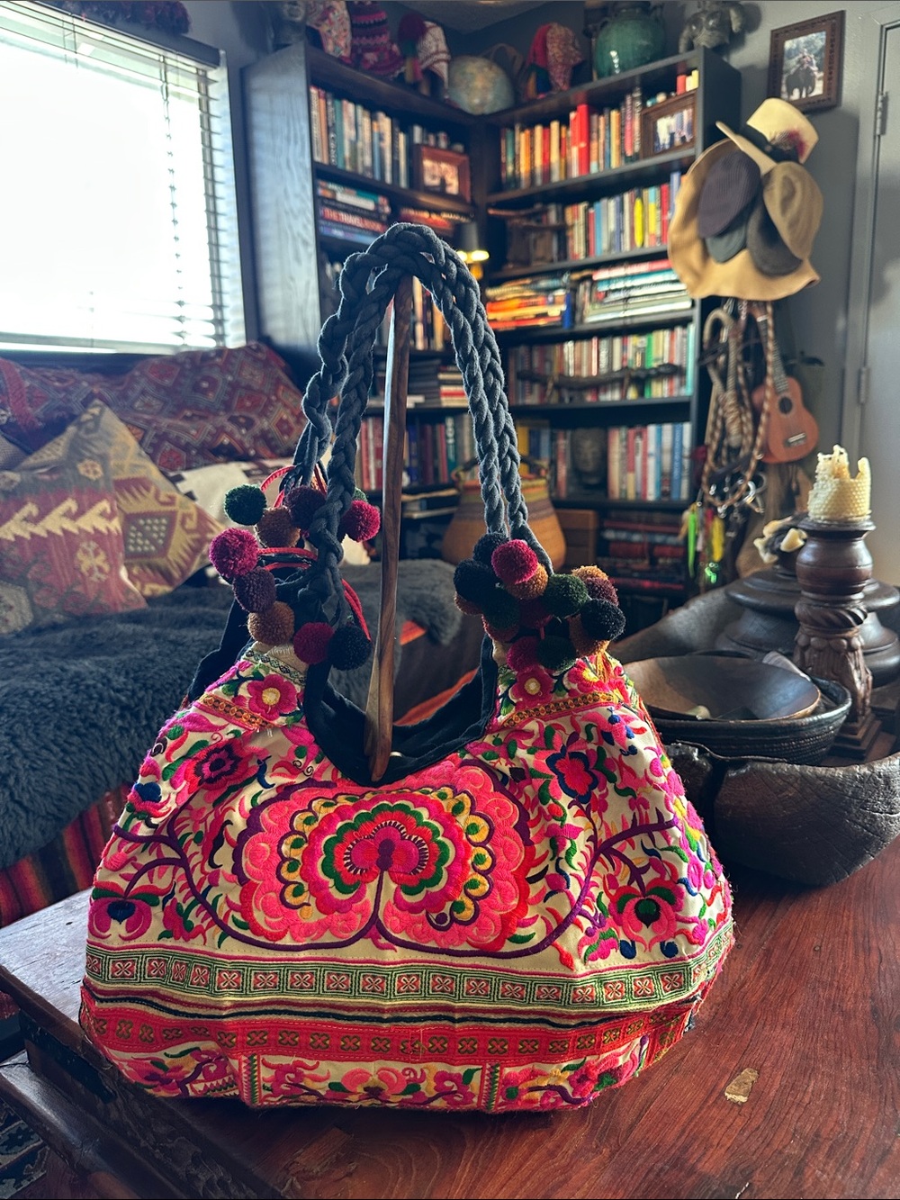 Boho Festive Embroidered Shoulder Bag with PomPoms Eclectic World Traveler Vibes